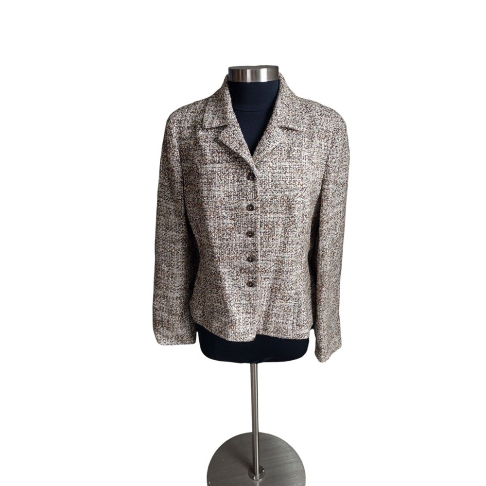 Jones New York Tweed Blazer Brown Lined Button Up Accent Belt Size 14 Wool Blend